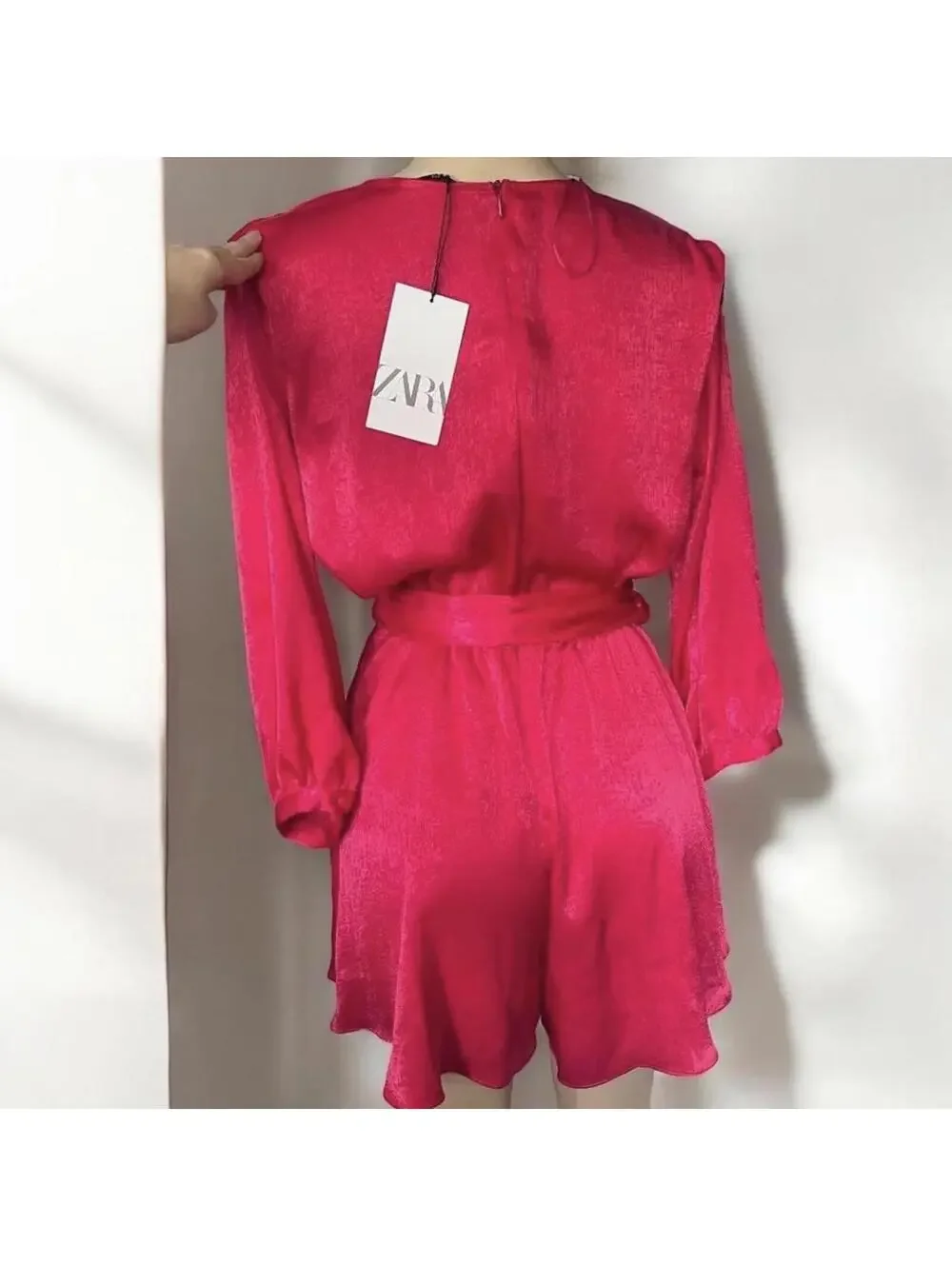 Zara Fuchsia Red Wrap Romper Long Sleeves Shimmering Belted Party (NWT) - Picture 5 of 8